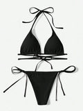 Solid color three-point bikini strap-on women's swimsuit set